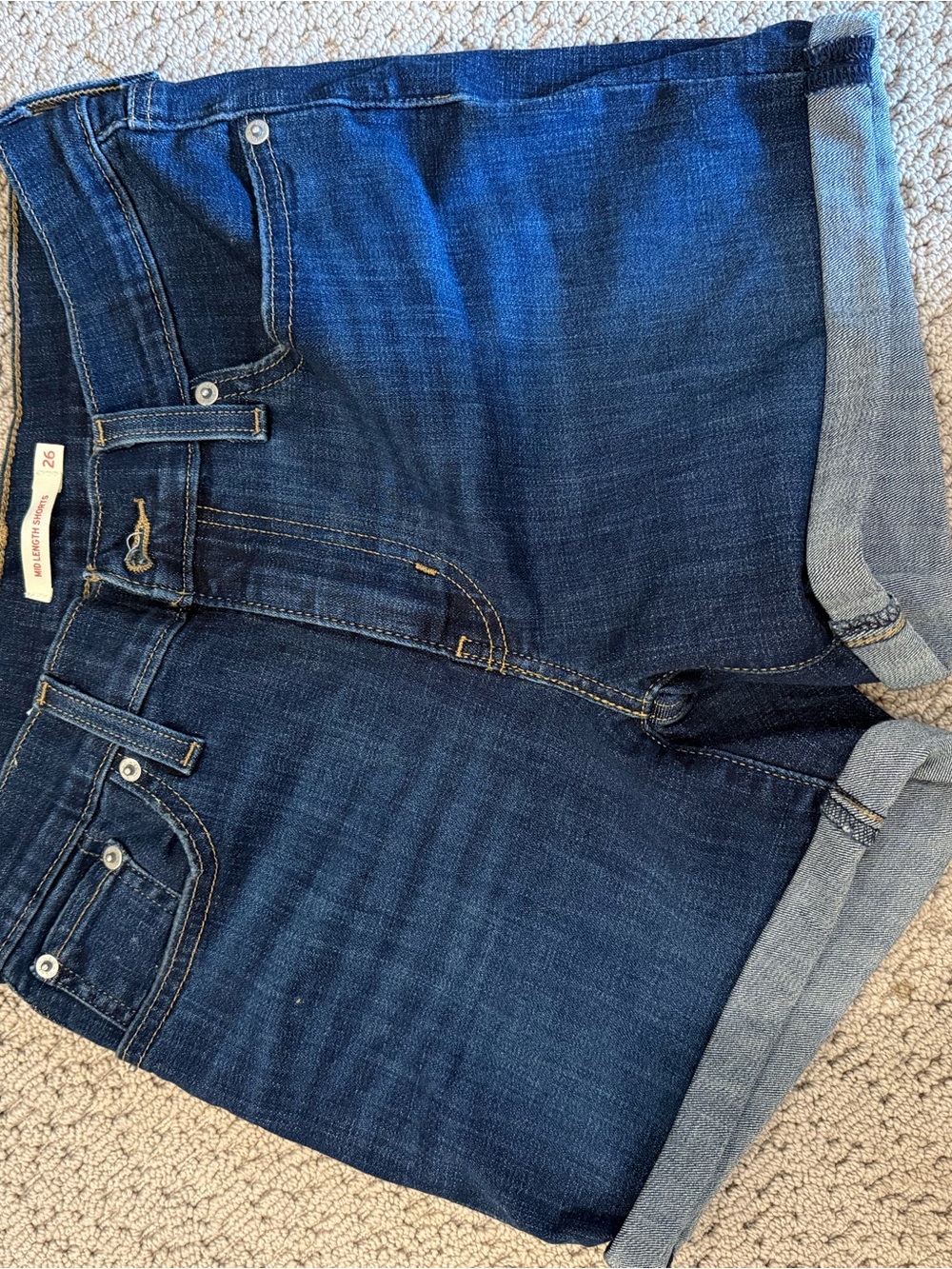 Women’s Levi’s Mid Length Dark Blue Jean Shorts with Rolled Hem